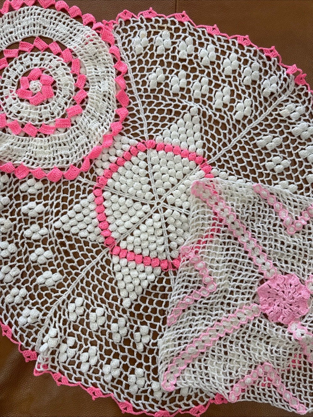 VTG Crochet Doily Lot of 3 Pink White Handmade Round Square Cottagecore Decor
